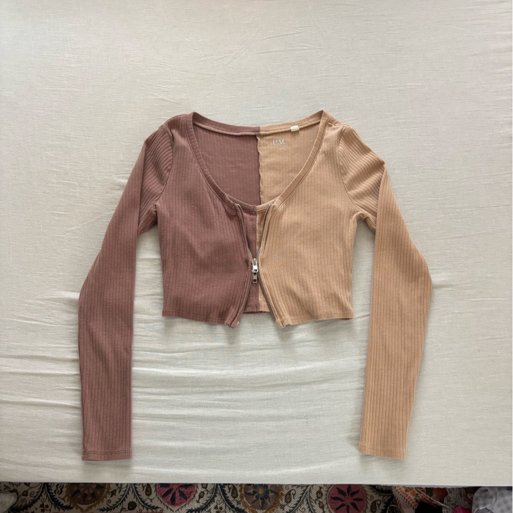 PacSun Two-Tone Ribbed Crop Top - Brown and Tan